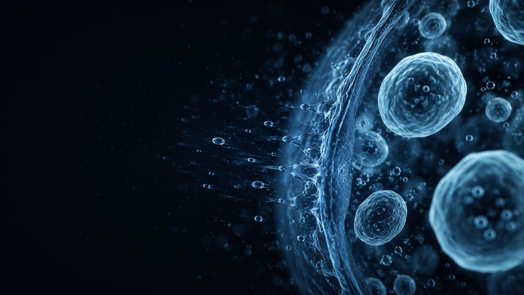 Abstract scientific image showing water moving across a cell membrane, representing osmosis, osmolality and hydration.