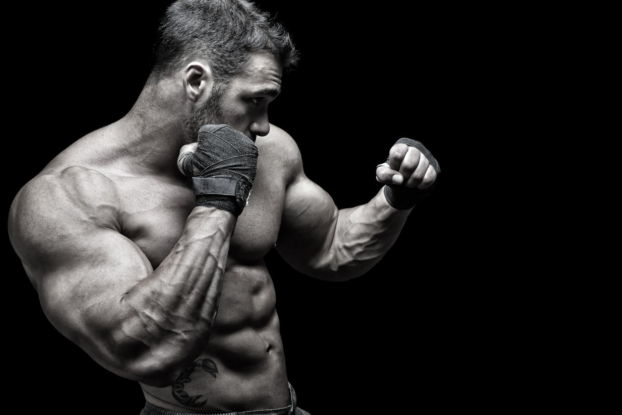 Male athlete in boxing stance showing muscular physique and strength.