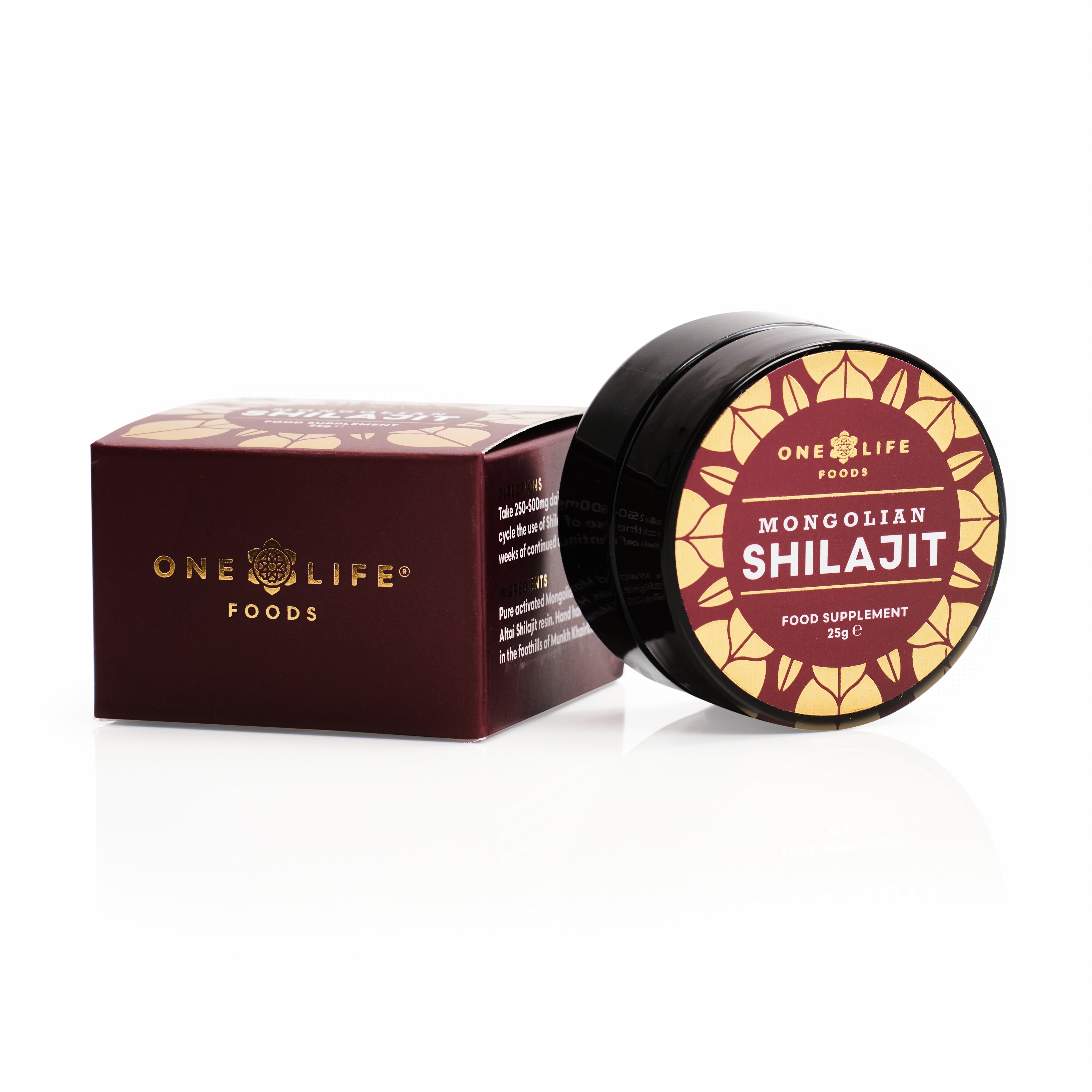 One Life Foods Mongolian Shilajit resin jar and packaging displayed on a white background.