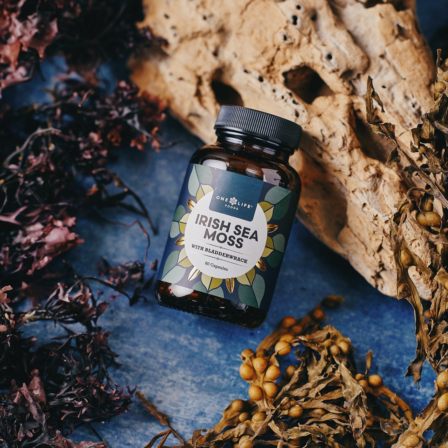 Bottle of Irish sea moss and Bladderwrack capsules on driftwood, and surrounded by whole dried sea moss and bladderwrack.