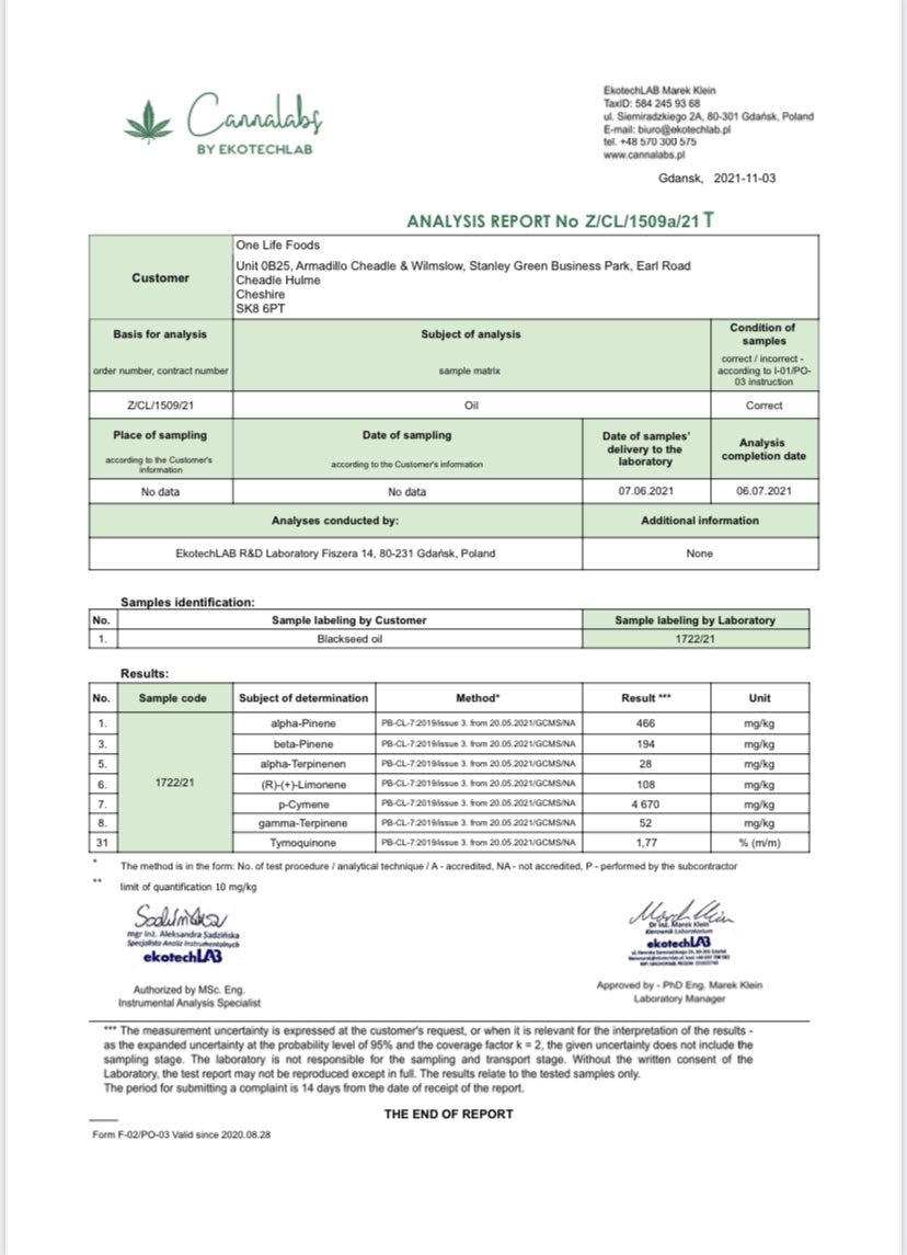 Black seed oil lab report
