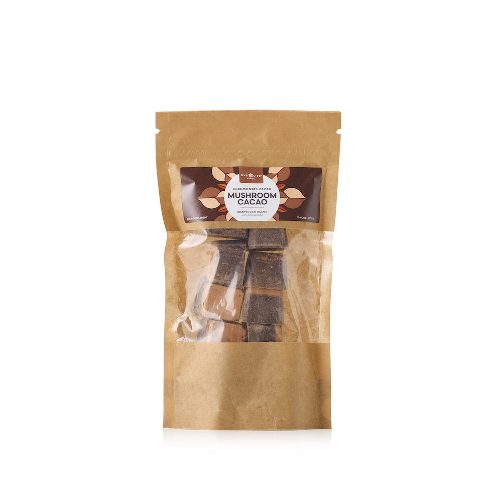Cacao adaptogen blend nugs in resealable pouch with mushroom and ashwagandha extracts