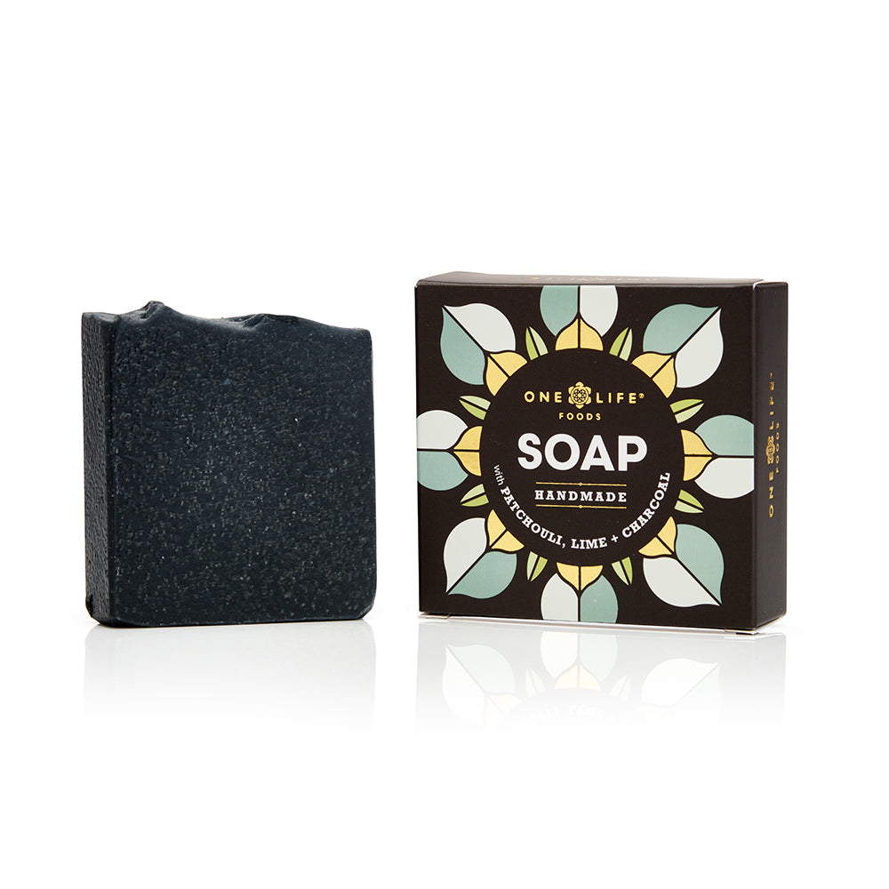 Patchouli and Charcoal soap bar with packaging by One Life Foods